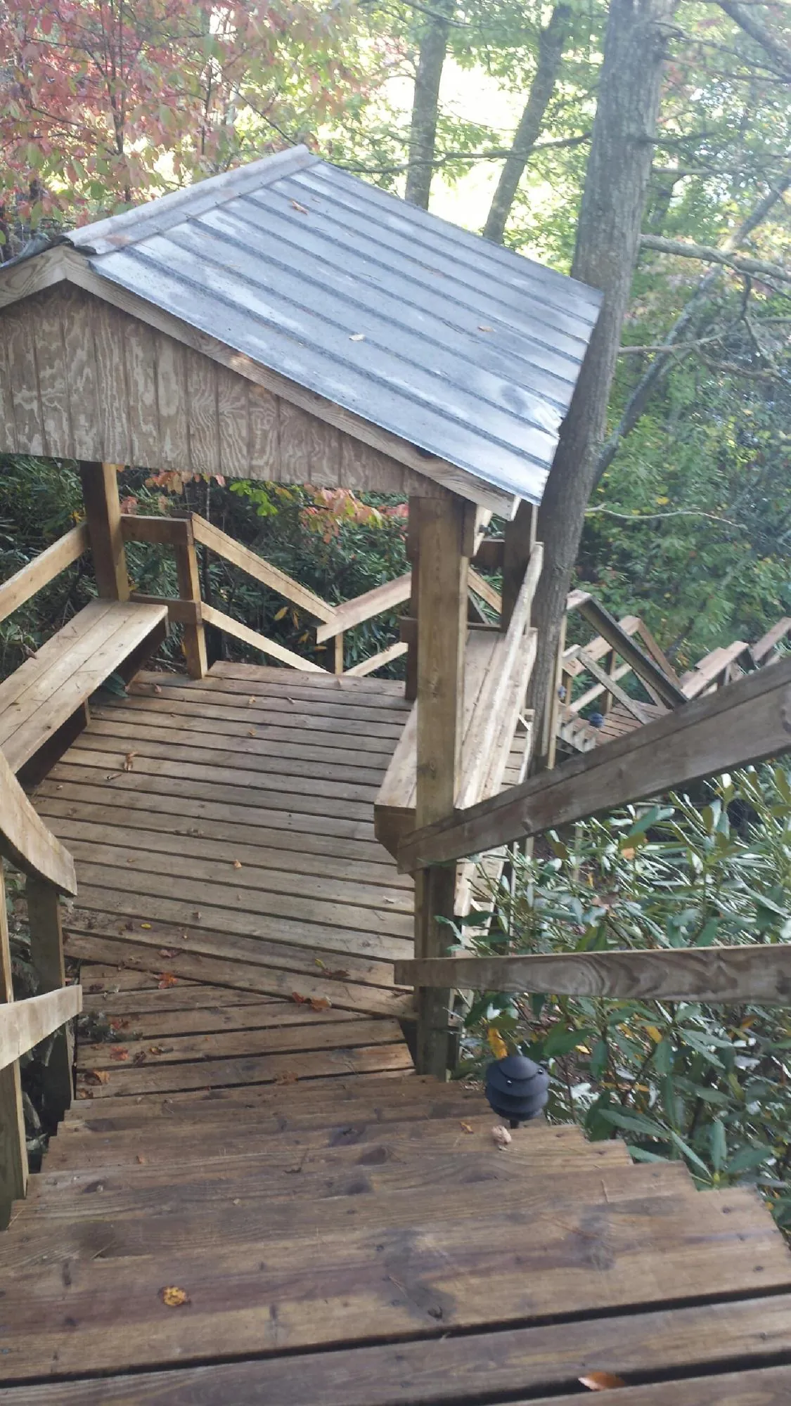Metal roofed shelter over wooden steps on a wooded walkway — Skylight Repair & Installation work by our crew in Blackstock
